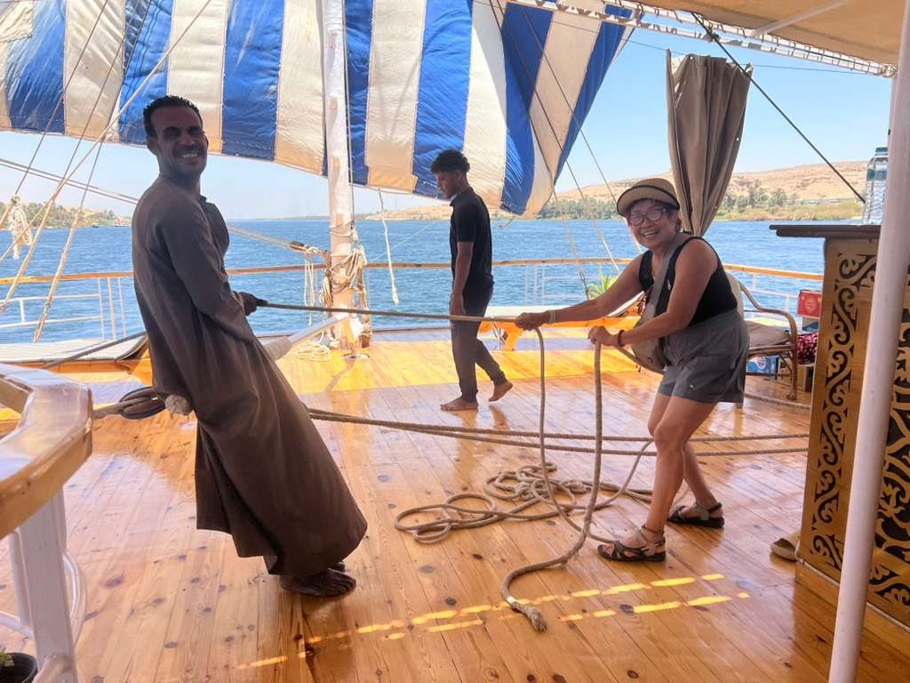 The open deck of a traditional dahabiya sailing the Nile