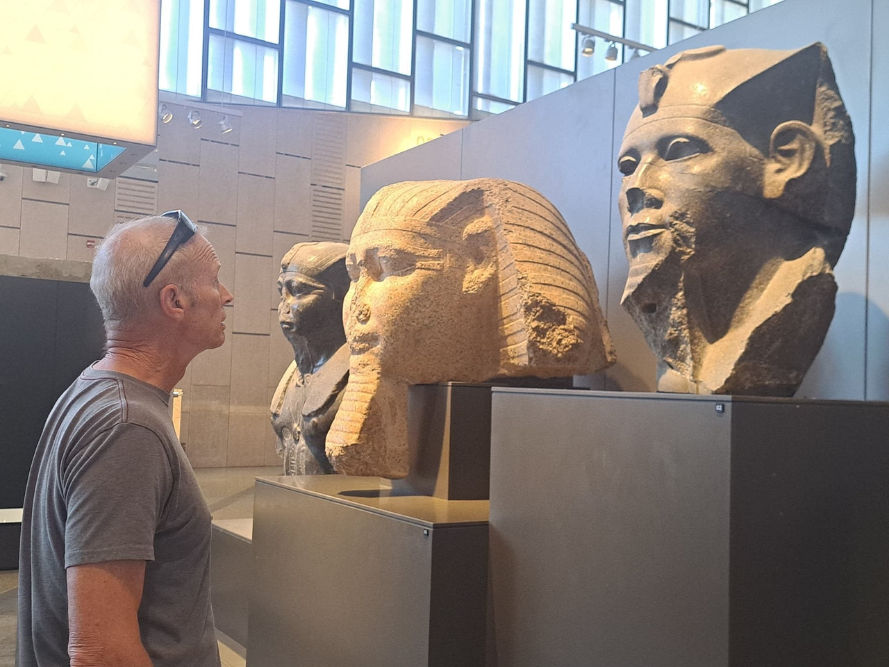Monumental pharaoh statues inside the Grand Egyptian Museum
